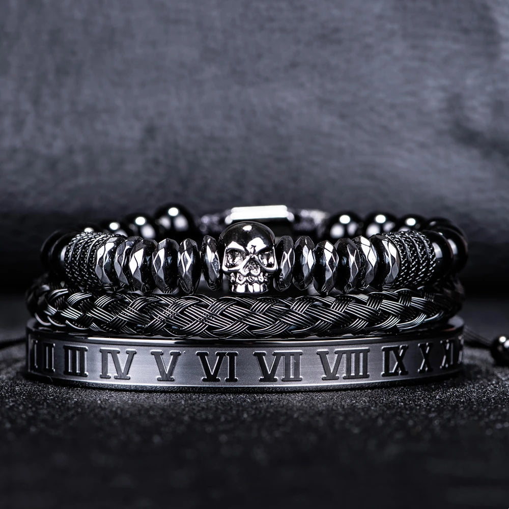 Men's Luxury Hematite Hand Made Bead 3 Piece Skull Head Hip Hop Luxury Bracelet Sets