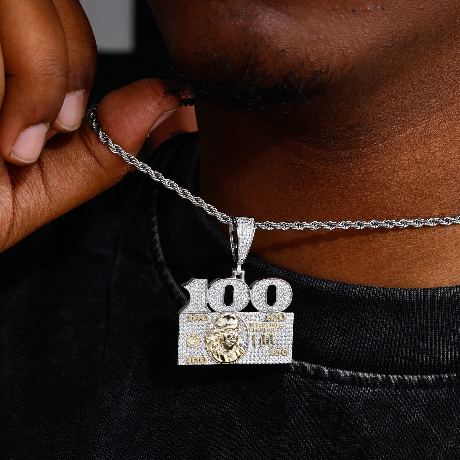 Keep It 100 | Iced Blinged Out Moissanite Diamond 925 Sterling Silver 100 Dollar Pendant