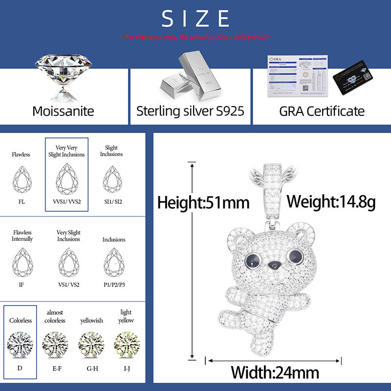 Cuddle Bear | Solid Sterling Silver Moissanite Diamond Iced Teddy Bear Pendant Necklace