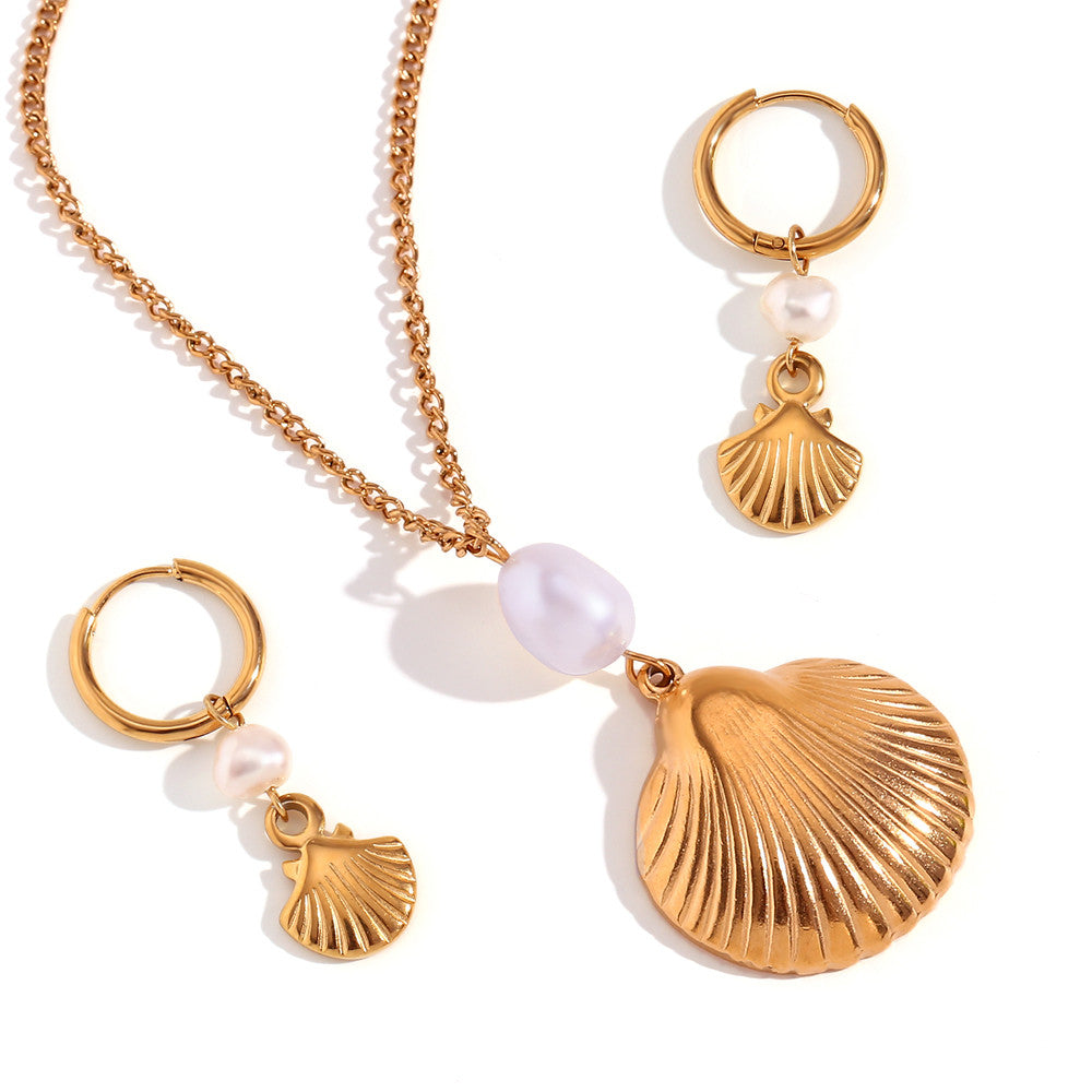 18k Gold Eco-friendly Freshwater Pearl Boho Shell Necklace Hoop Earrings Jewelry Set