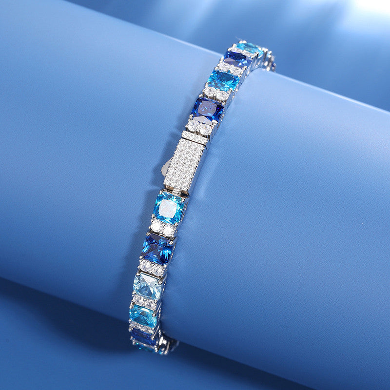 Aqua Squares | VVS Diamond CZ Solid 925 Sterling Silver Blue Square Tennis Bracelet