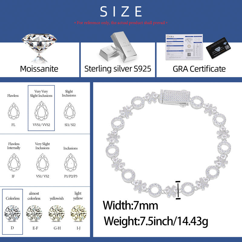 XOXO | Sterling Silver Love Moissanite Diamond Hip Hop 7MM 925 18k Gold Bracelets