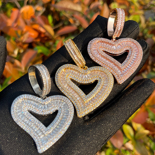 Love's Embrace | Gold Silver Rose Open Heart Of Love Iced Baguette Pendant