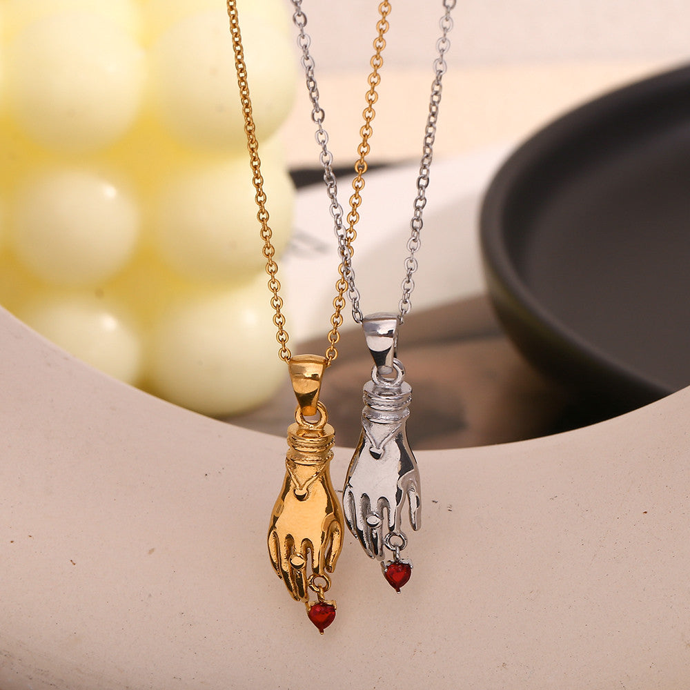 Ladies 18k Gold Stainless Steel Hand Red CZ Stone Heart Waterproof Tarnish Free Pendant Necklace