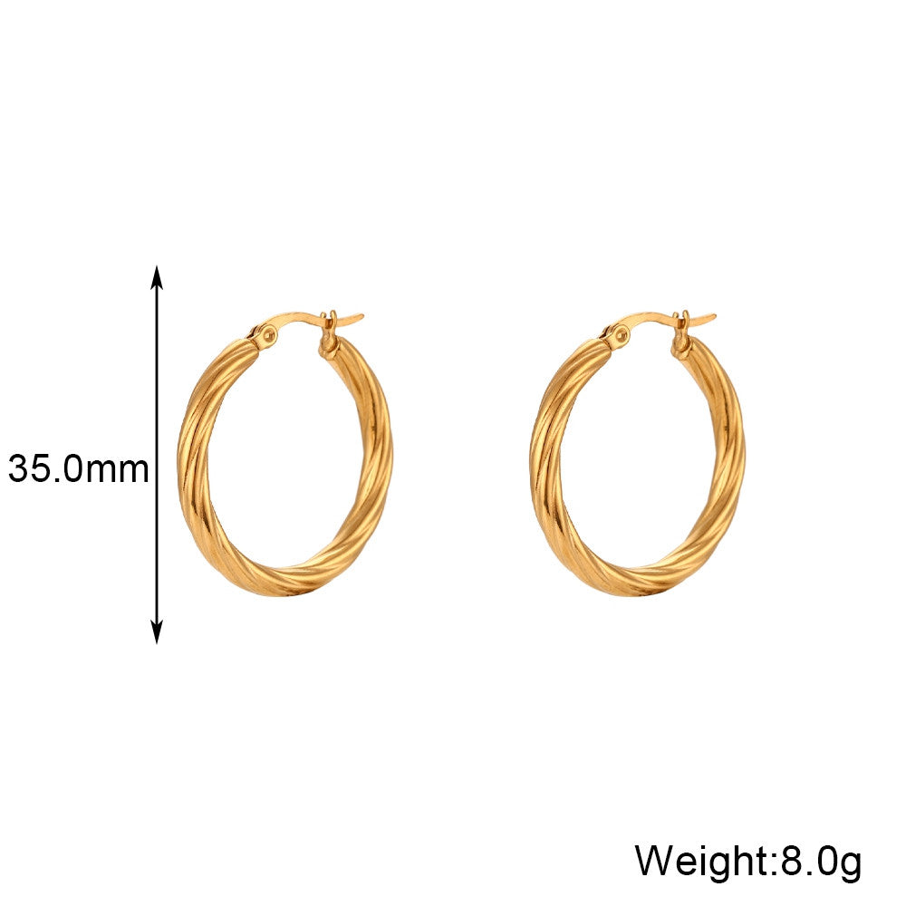 Ladies 18k Gold Twisted Hoop Solid Stainless Steel Waterproof Bling Earrings