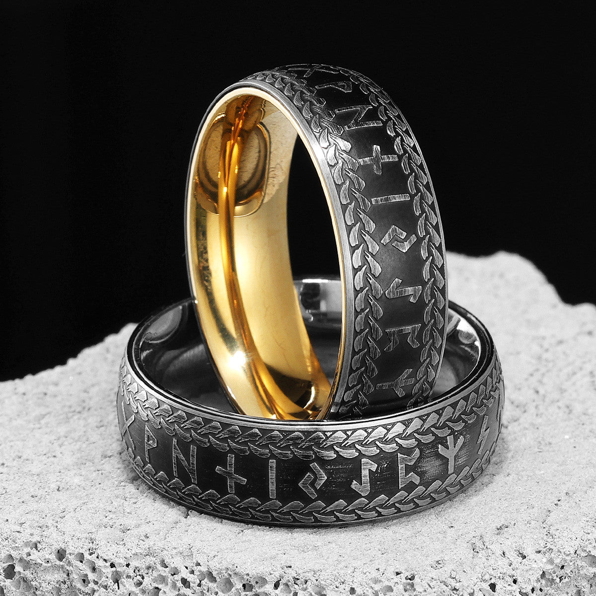 King Viking | 14k Gold Black Viking Runes No Fade Solid Stainless Steel Men's Rings