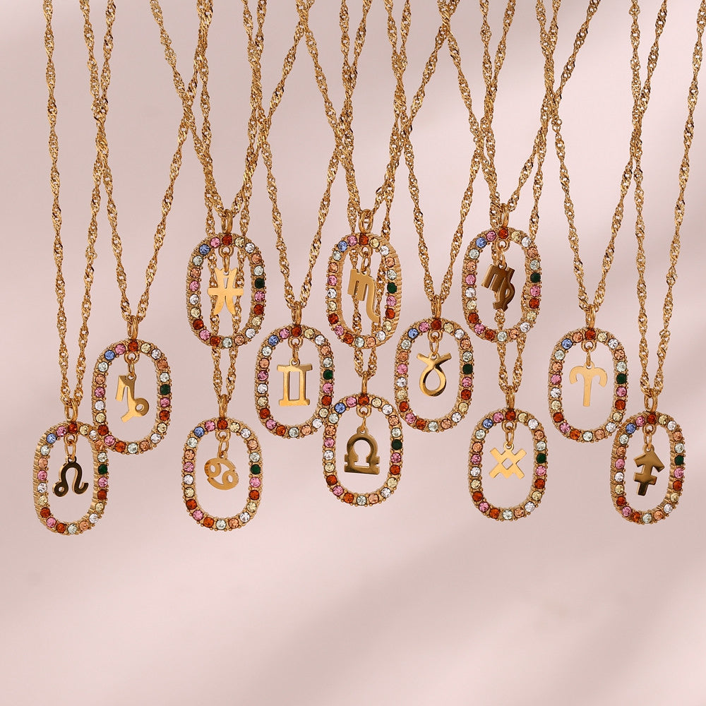 18k Gold Stainless Steel Colorful CZ Hollow Oval Zodiac Sign Pendant Necklaces