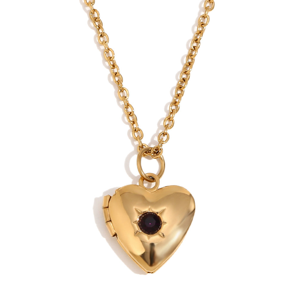Women's Birth Stone Heart Shape Photo Box Pendant 18k Gold Waterproof Necklace