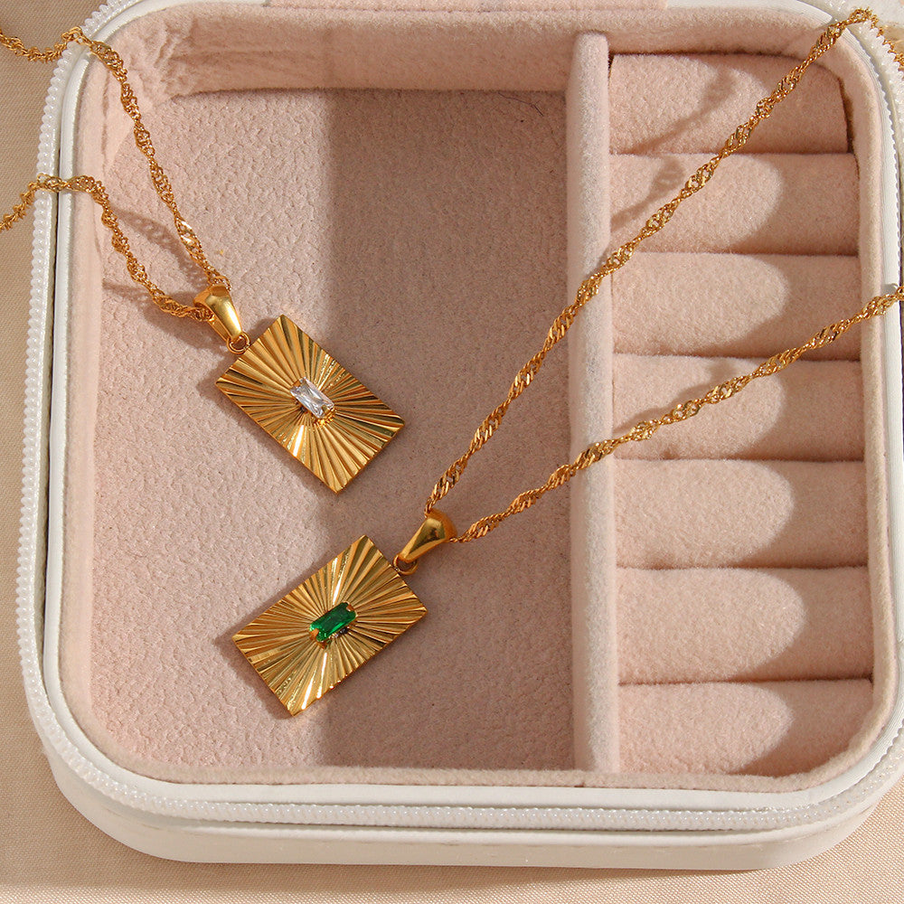 Sunburst 18k Gold Over Stainless Steel Waterproof Rectangle 316L Chain Necklace