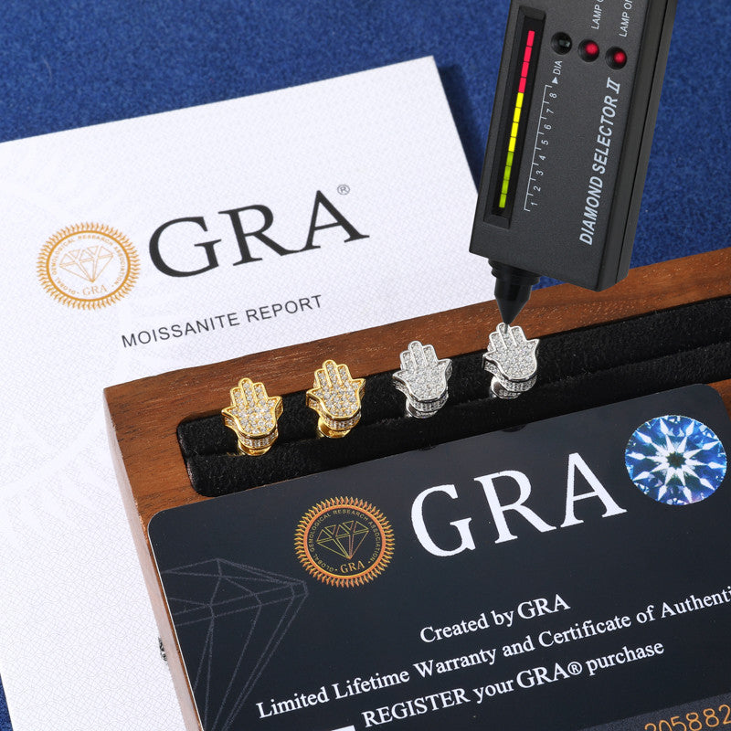 Mystic Hand | Moissanite Diamond 24k Gold Solid Silver Fatima Hamsa Hands Stud Earrings