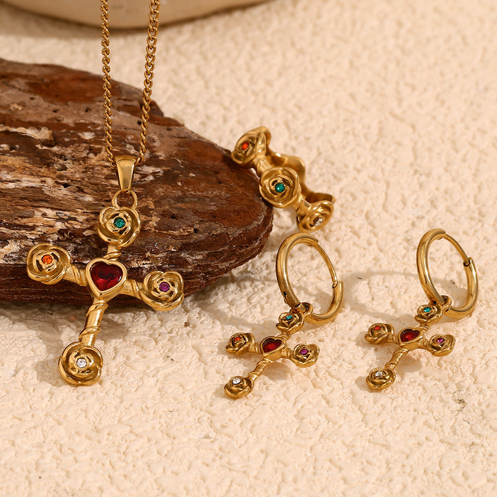 18k Gold Waterproof Stainless Steel Colorful CZ Rose Flower Cross Necklace Earring Ring Set