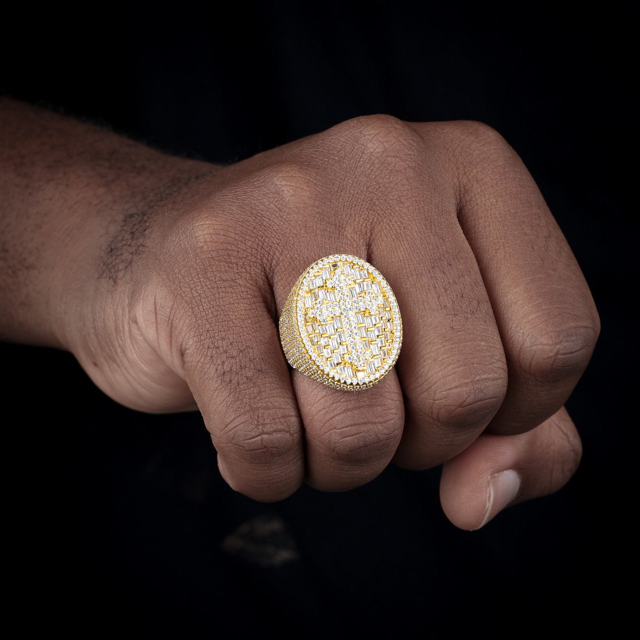 Men's Iced Blinged Out Baguette Sterling Silver Full Moissanite Diamond Cross Ring