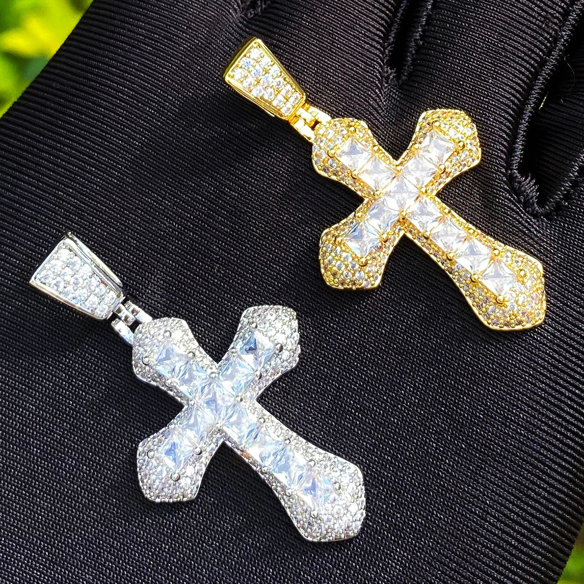 Fossil Cross | Iced Blinged Out Prong Set Princess Cut Stone Hip Hop Cross Pendant