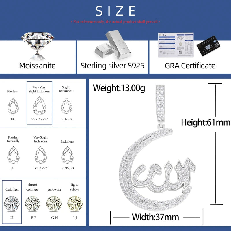 The Moon God | Moissanite Diamond 925 Sterling Silver Allah Hip Hop Pendant