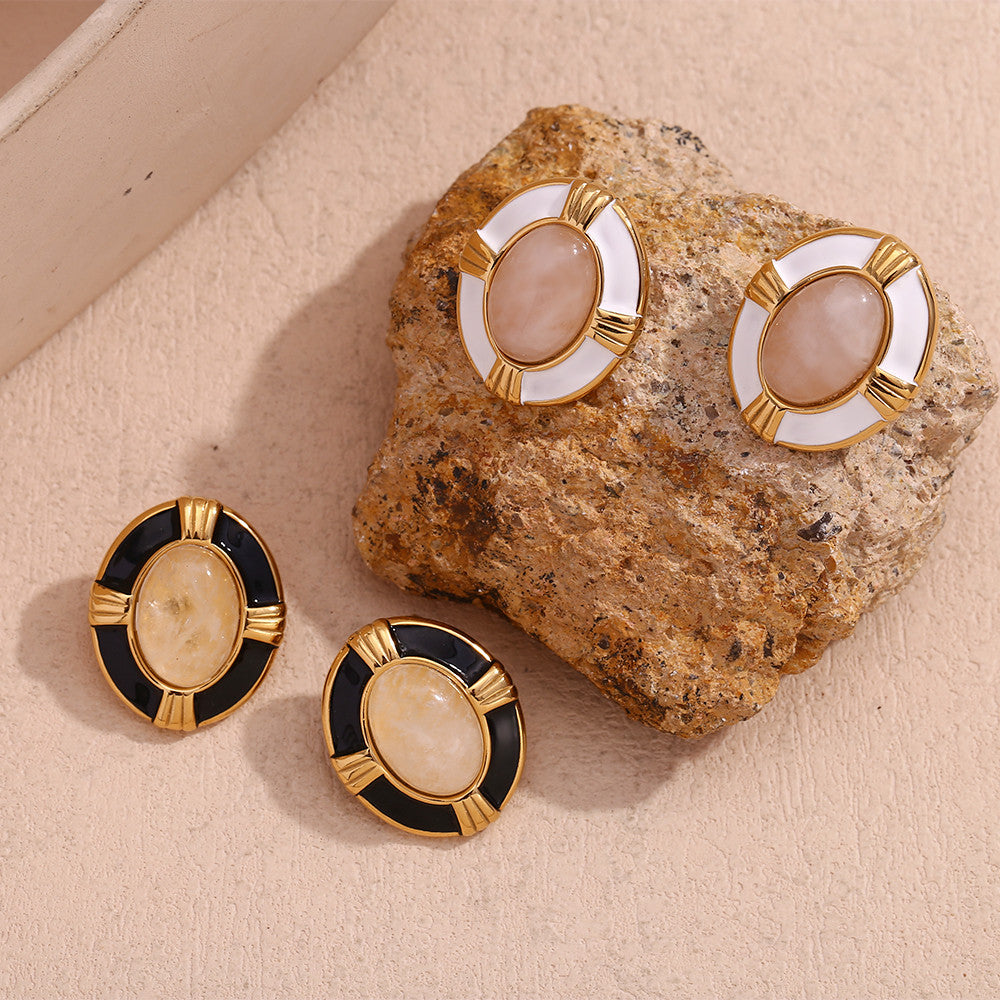 Ladies 18k Gold Waterproof Stainless Steel Oval Cross Natural Stone Earrings