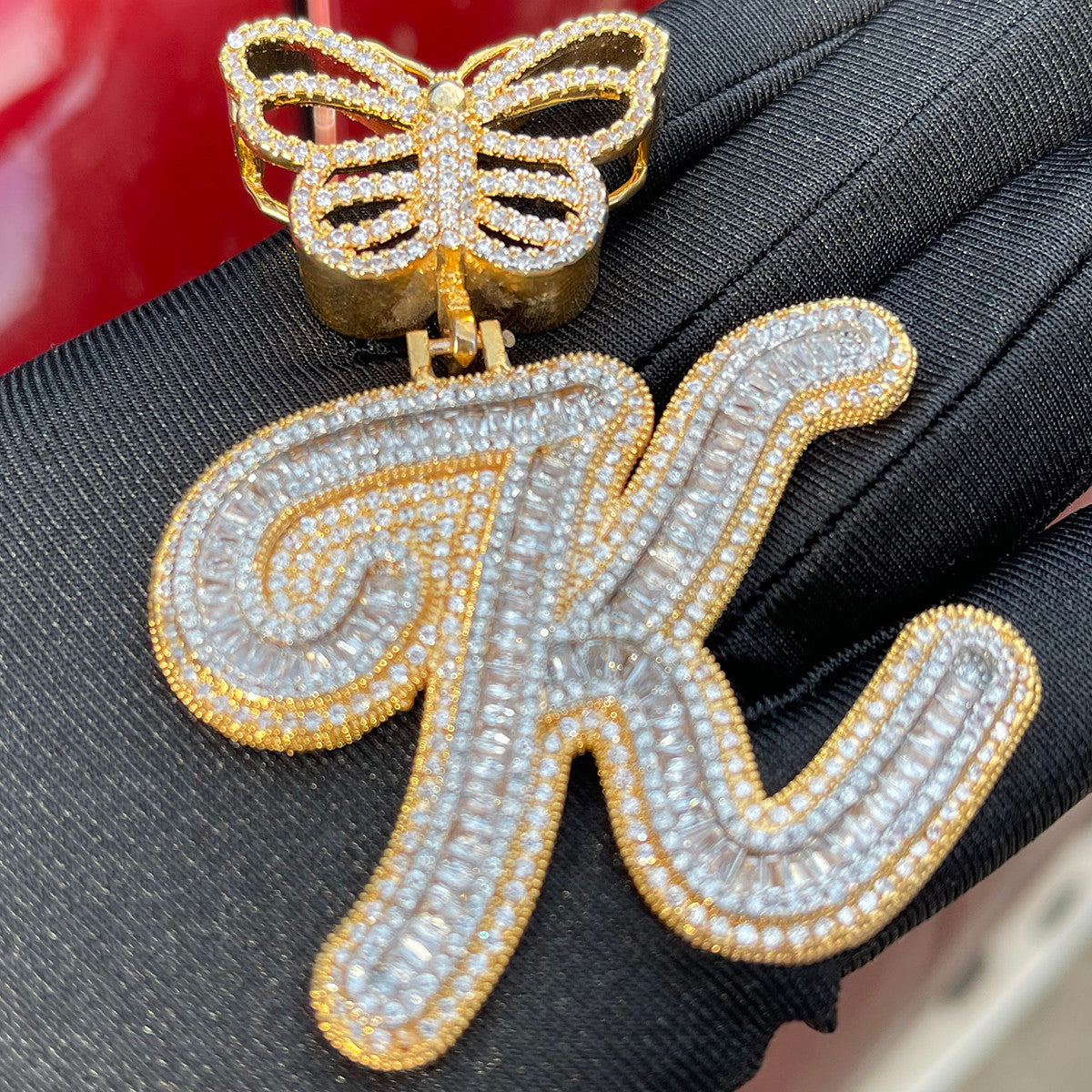 FlutterScript | Ladies Butterfly Bail Custom Cursive Baguette Bling Initial Necklace