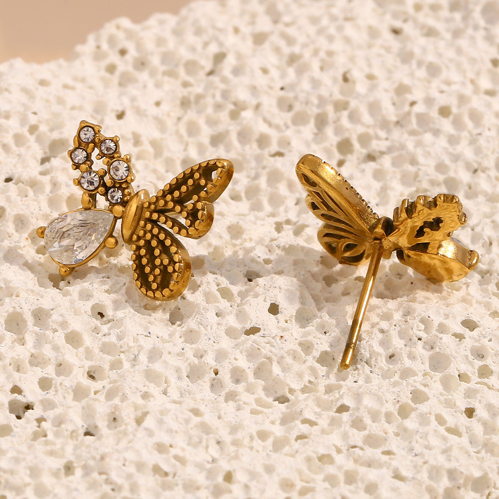18k Gold Stainless Steel Half Set Zircon Butterfly Stud Waterproof Earrings