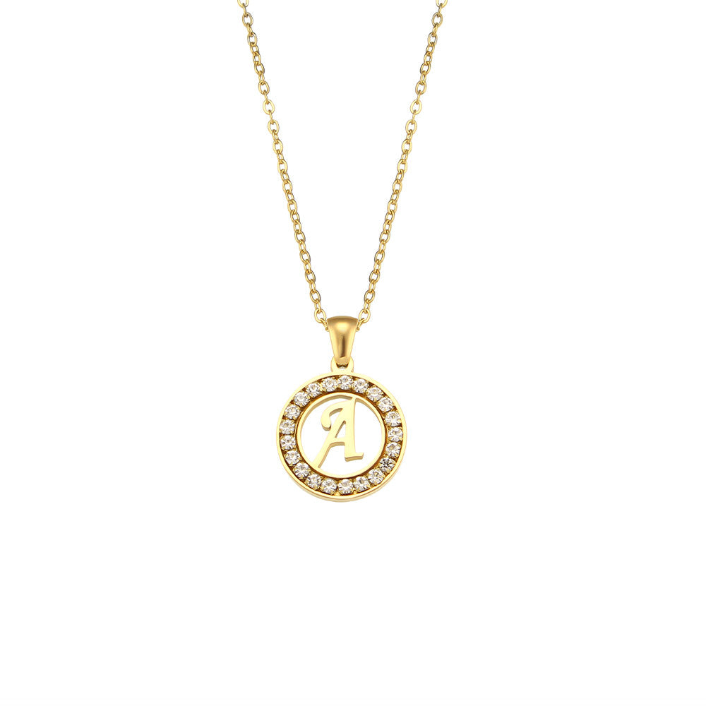 18k Gold Waterproof Hollow Round CZ Paved 26 Alphabet Initial Necklace