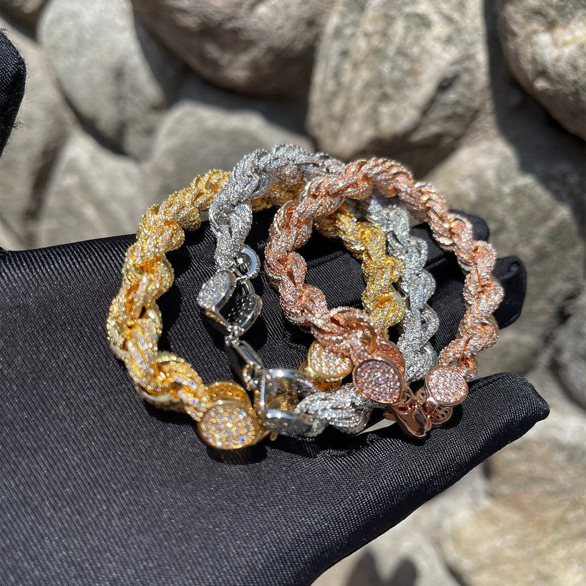 24k Gold 925 Silver 9mm Flooded Ice AAA Stone Rope Link Hip Hop Bracelet