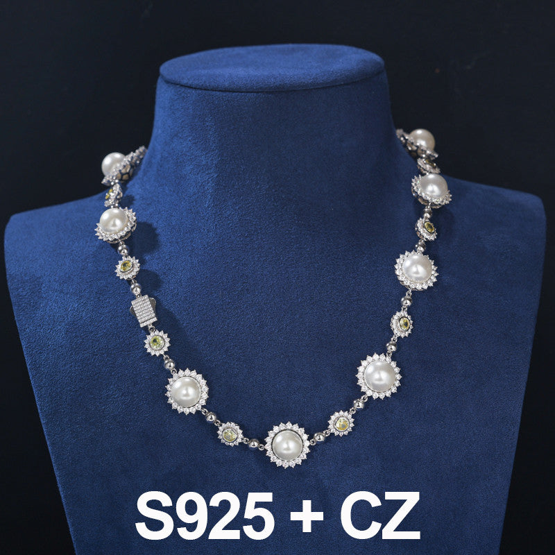 Pearl Sun | Moissanite Diamond Solid Sterling Silver Pearl Hip Hop Chain Necklace Bracelet Set