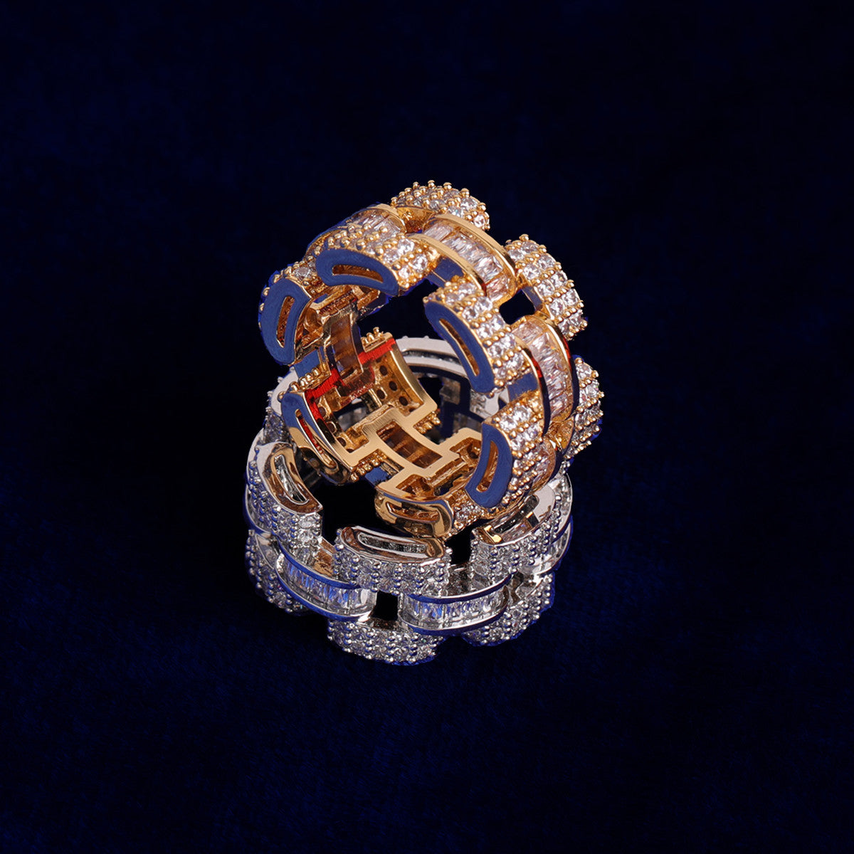 IceWave | Mens 24k Gold 925 Silver Unique Watch Bracelet Iced Blinged Out Rings