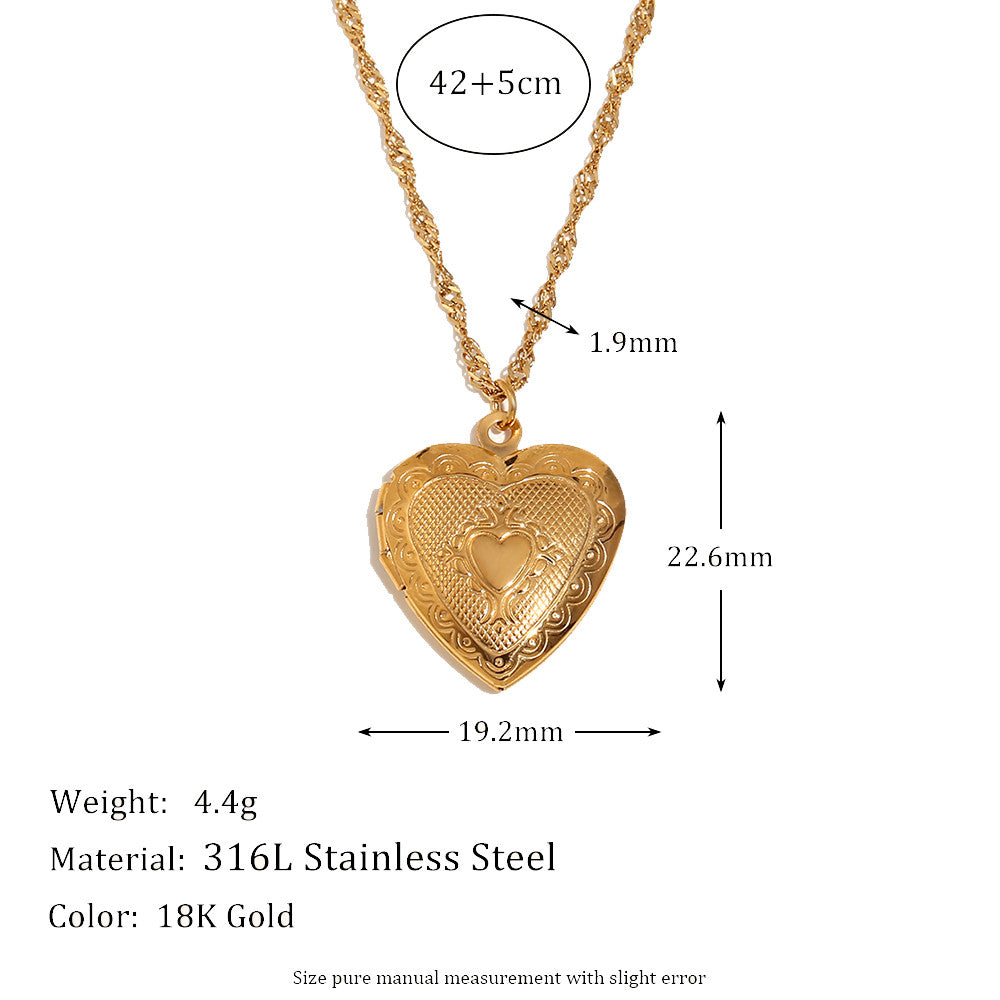Ladies 18k Gold Waterproof Stainless Steel Flower Pattern Hollow Heart Photo Box Necklace