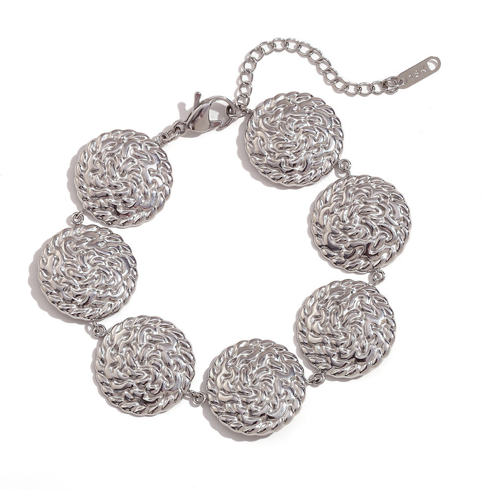 18k Gold Silver Circular Hammered Pattern Tarnish Free Stainless Steel Bracelet