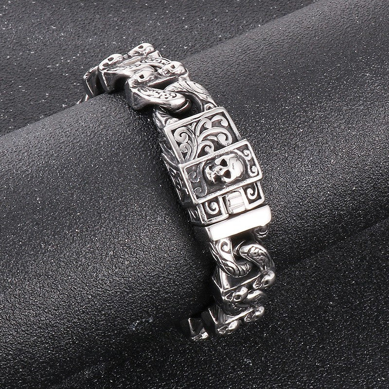 Skullsteel | Mens No Fade Stainless Steel Skull Cuban Link Hip Hop Rock Bracelet