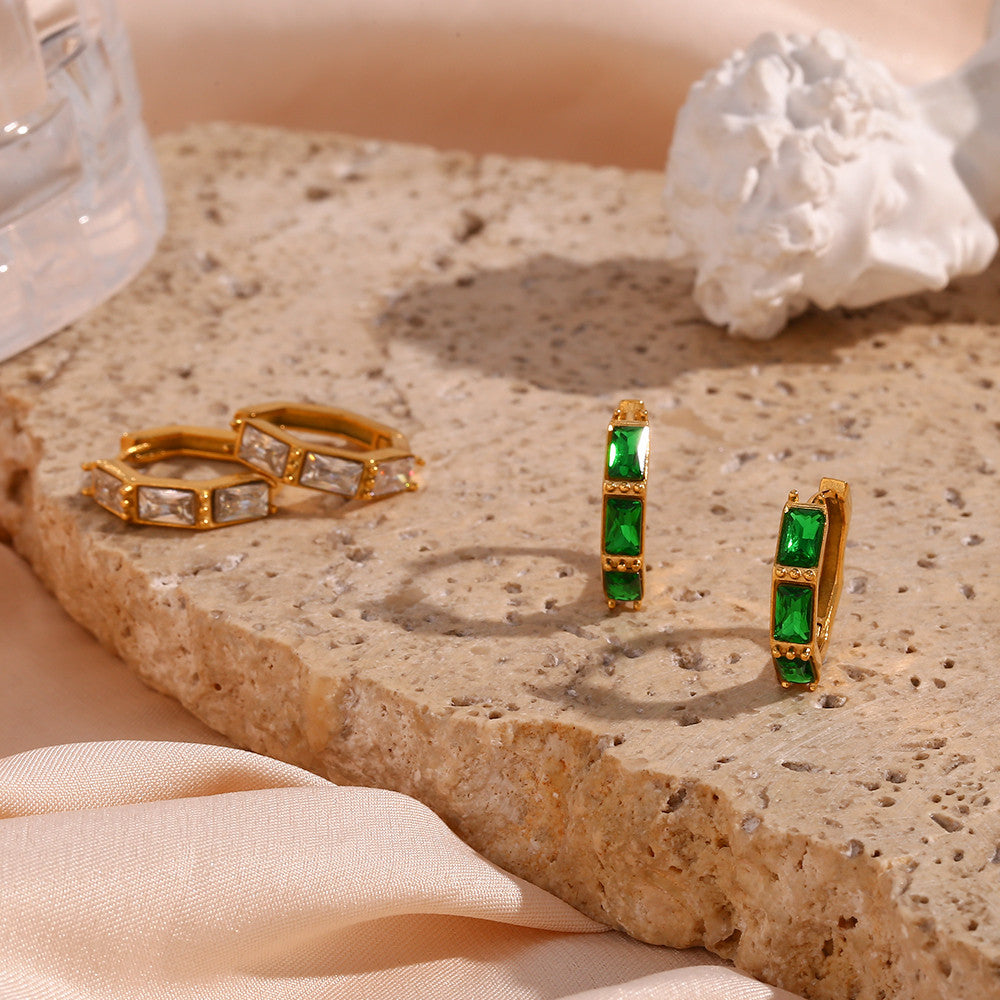 Bamboo CZ 18k Gold Waterproof Stainless Steel Stone Green Huggie Hoop Earrings