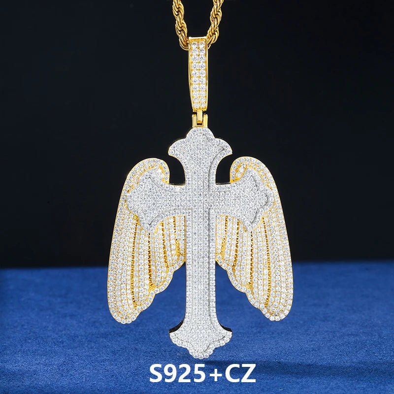 The Bling Angel | VVS Moissanite Diamond Angel Wings Cross 925 Silver Hip Hop Pendant