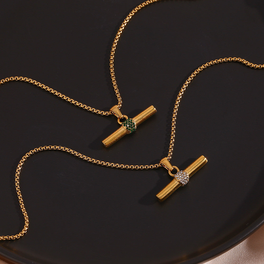 Stainless Steel Green CZ T Bar Pendant Square Pearl 18k Gold Hip Hop Chain Necklace