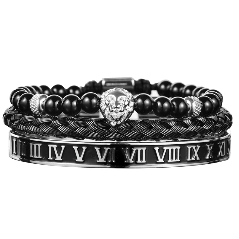Imperial Force | Luxury Kings Crown 18k Gold Black Stainless Steel Bracelet 3 Piece Set