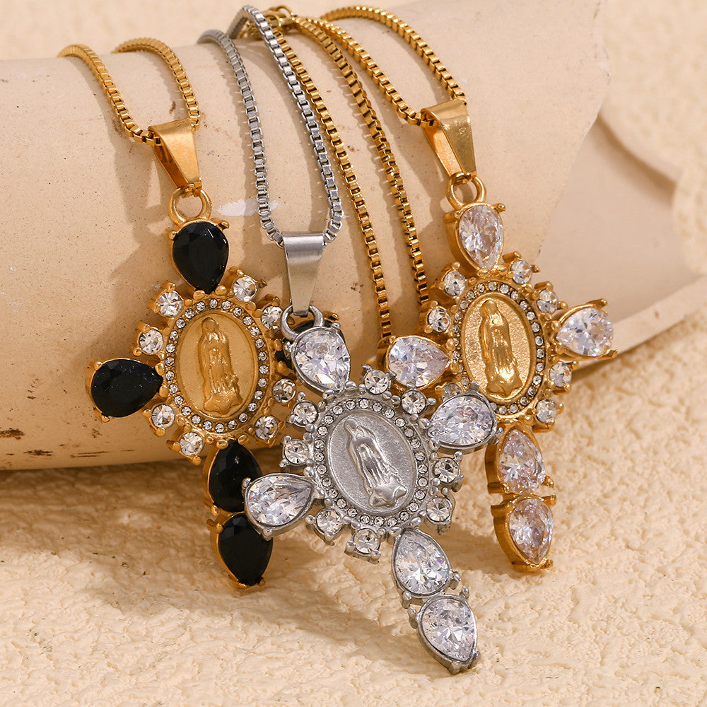 18k Gold Solid Stainless Steel Waterproof Virgin Mary Cross Pendant Necklace