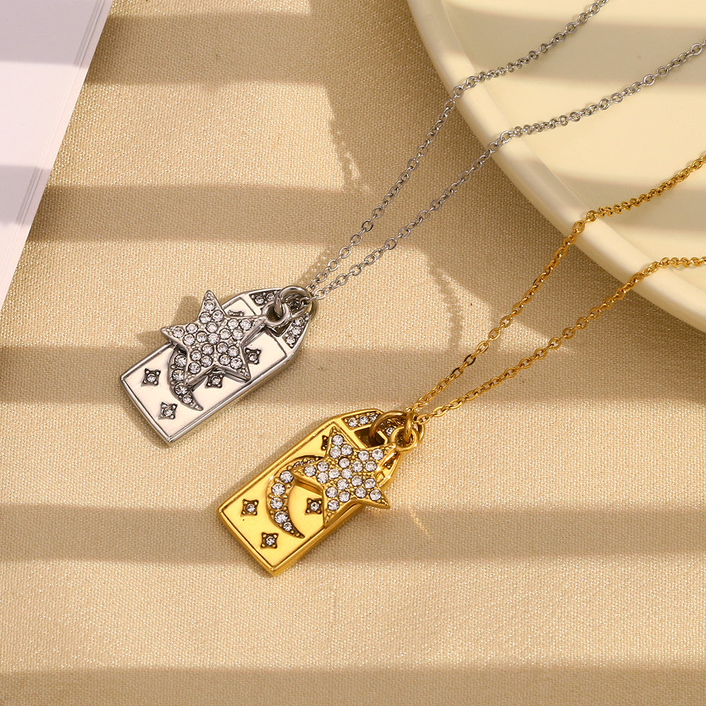 18K Gold Waterproof Stainless Steel Square CZ Moon Star Bling Tarnish Free Pendant