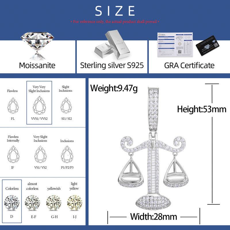 The Balanced | Solid Sterling Silver Libra Scale Moissanite Diamond Hip Hop Pendant