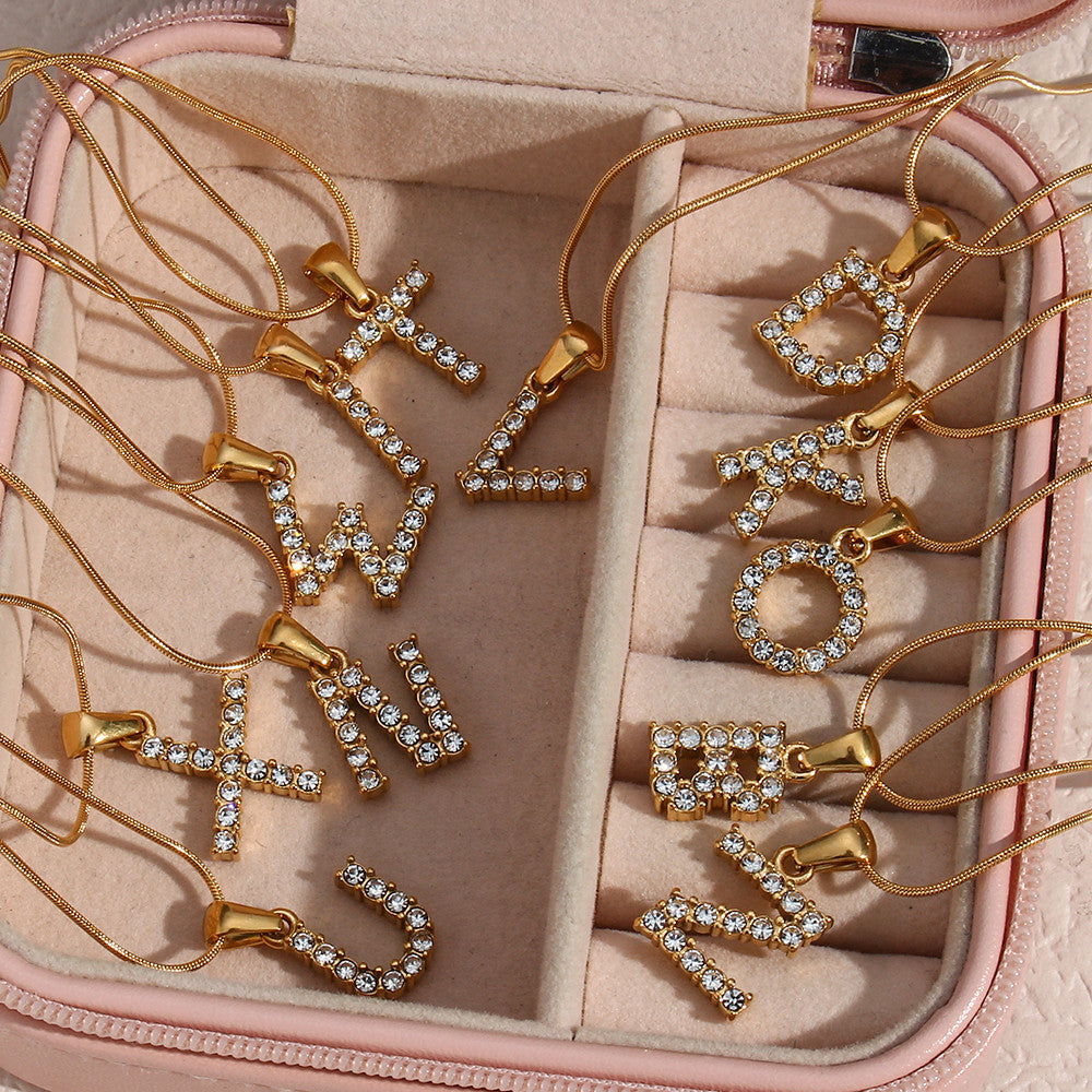 18k Gold Stainless Steel Thin Snake Chain 3A Zircon Stone Paved Initial Necklace