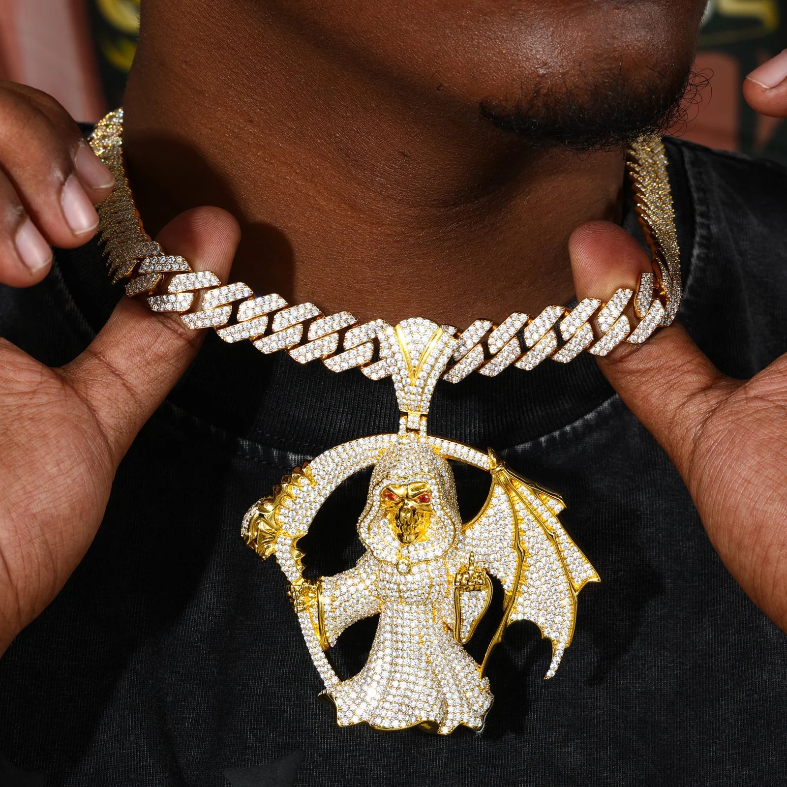 Middle Finger Reaper | Moissanite Diamond 925 Silver Hip Hop One Wing Scythe Grim Reaper Pendant