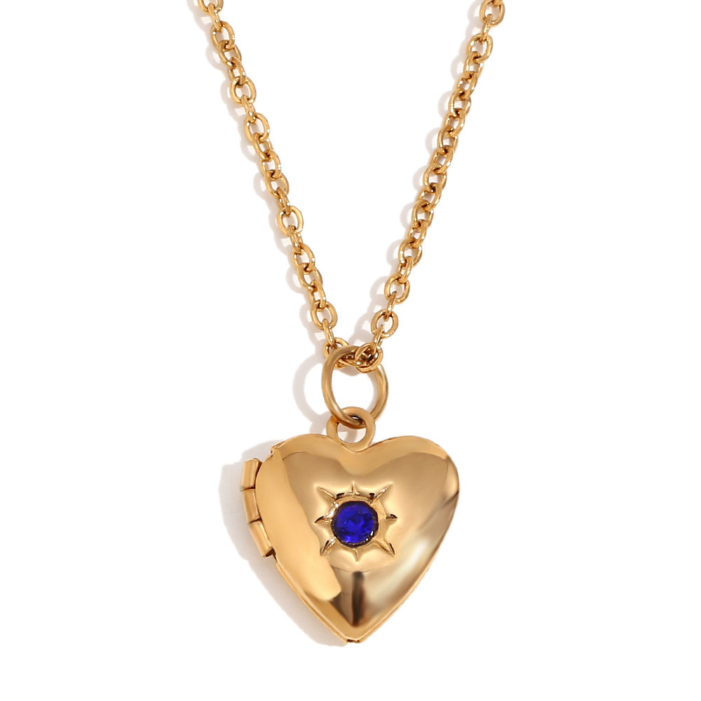 Women's Birth Stone Heart Shape Photo Box Pendant 18k Gold Waterproof Necklace