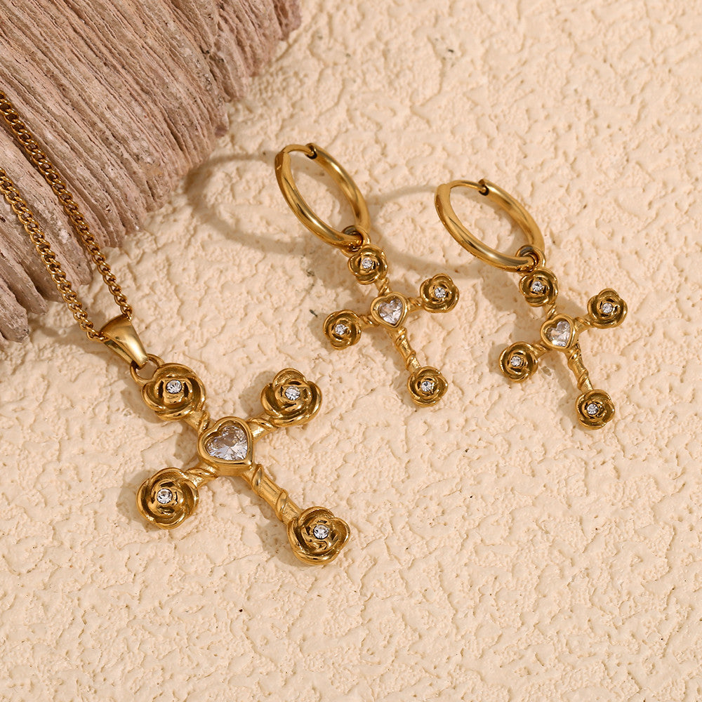 18k Gold Stainless Steel White CZ Rose Cross Necklace Earring Flower Jewelry Set