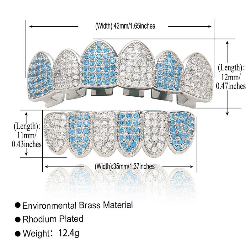 Blue Ice | VVS Diamond CZ Hip Hop Paved Iced Blinged Out Top Bottom Teeth Grillz Set