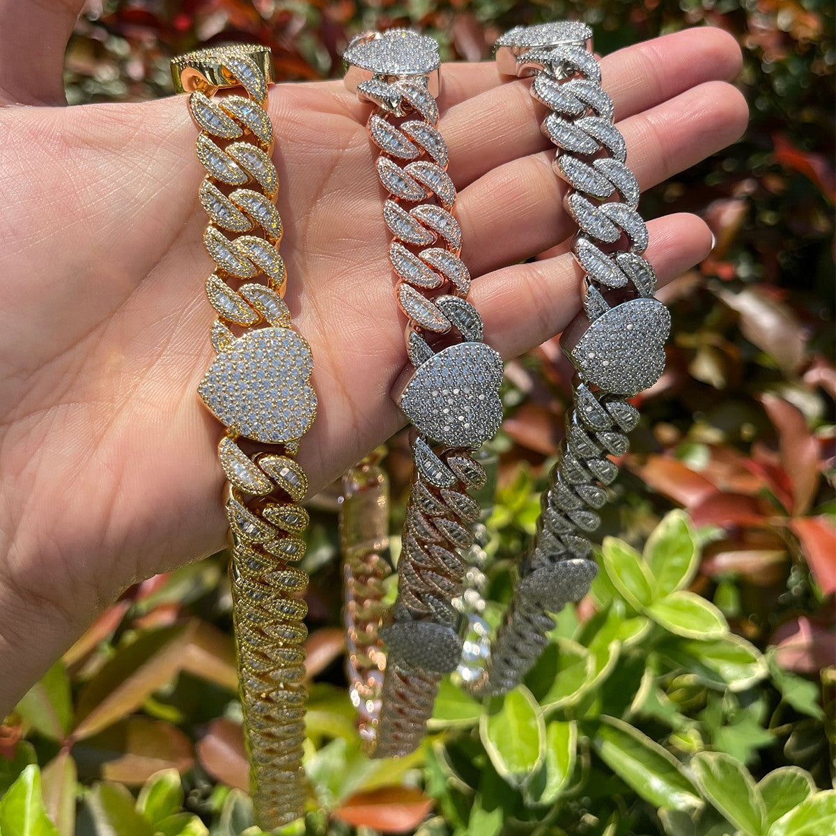 Ladies 24k Gold Silver Rose Flower Cuban Link Heart Chain Necklace