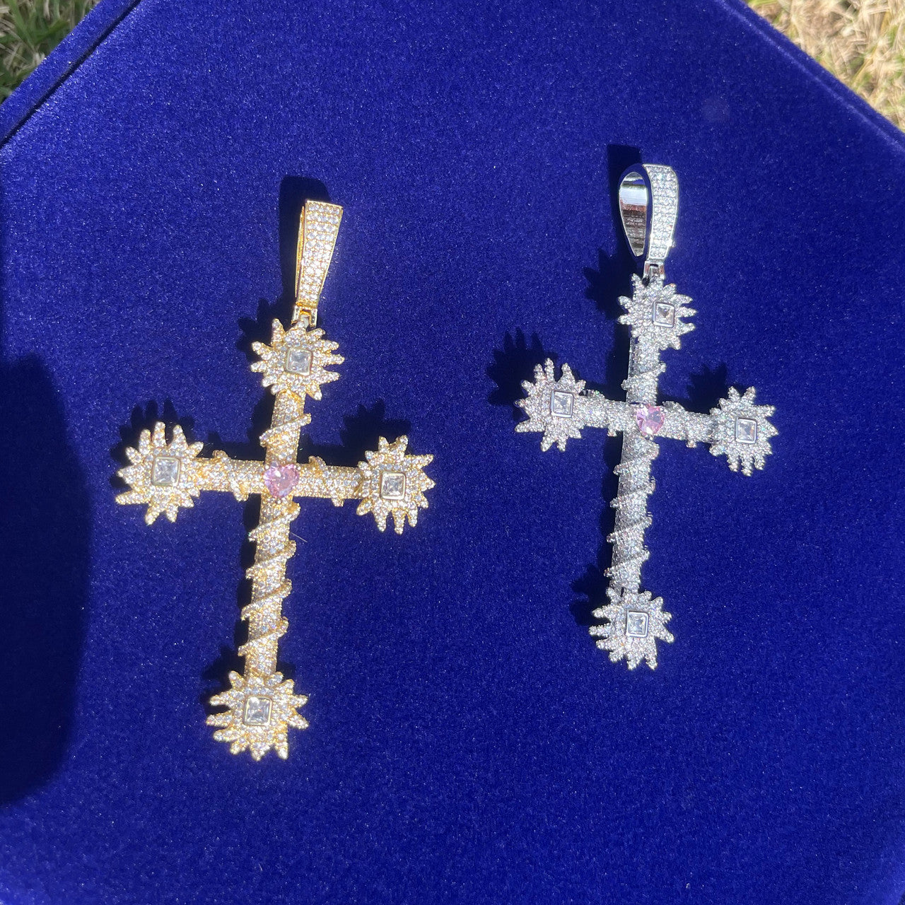 Pink Passion | Prong Set Center Stone Heart Cross Iced Pendant Necklace