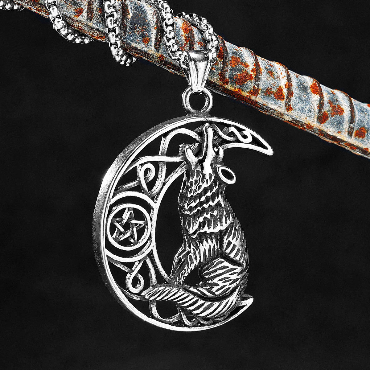 Howling Wolf | 316L No Fade Stainless Steel Half Moon Wolf Street Style Pendant