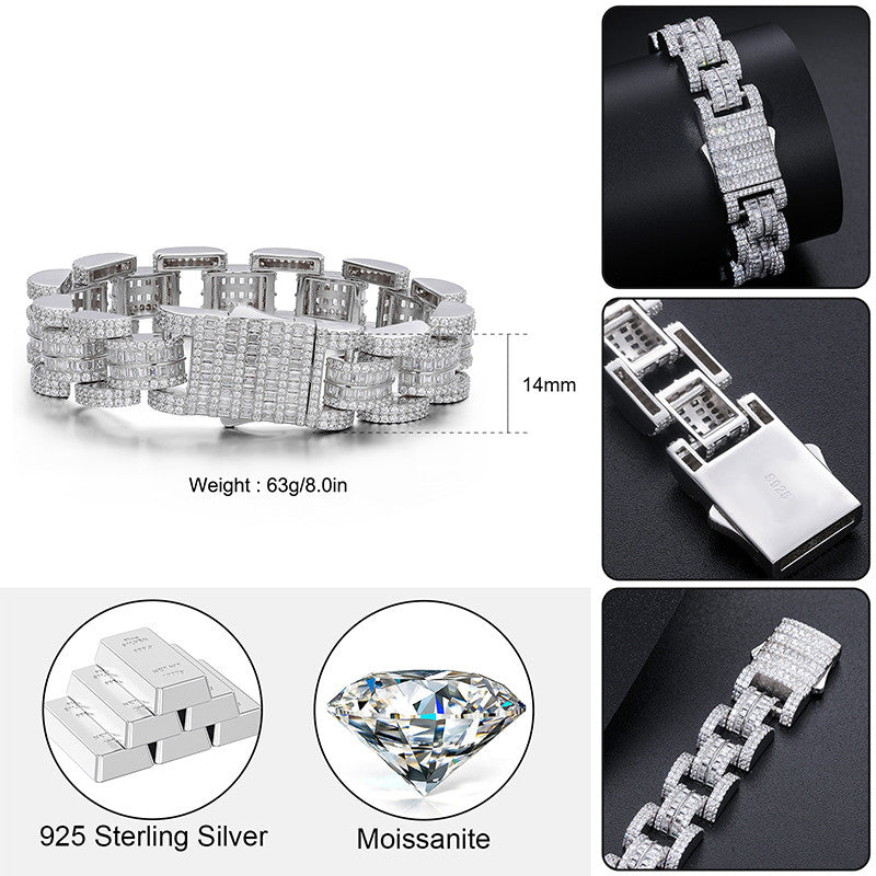 Wrist Work | Solid Sterling Silver Moissanite Diamond Iced Bling Out 14mm Hip Hop Bracelet
