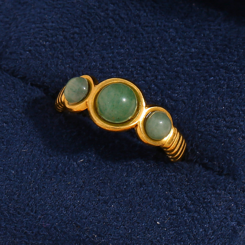 18k Gold Round Natural Green Aventurine Stone Cuff Ring Stainless Steel Waterproof Rings