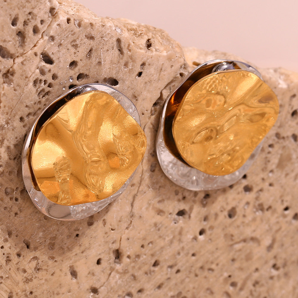 Stainless Steel Double Layer 18k Gold Silver 2 Tone Round Circle Stud Earrings