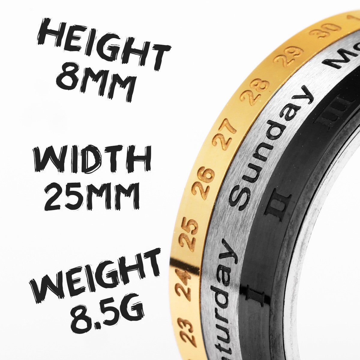 Calendar | Month Date Year 14k Gold Black Over Solid Stainless Steel Rotating Men's Rings