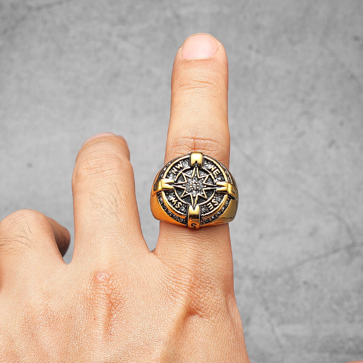 Luxury Compass | 14k Gold Over No Fade Stainless Steel CZ Men's Navigator Rings