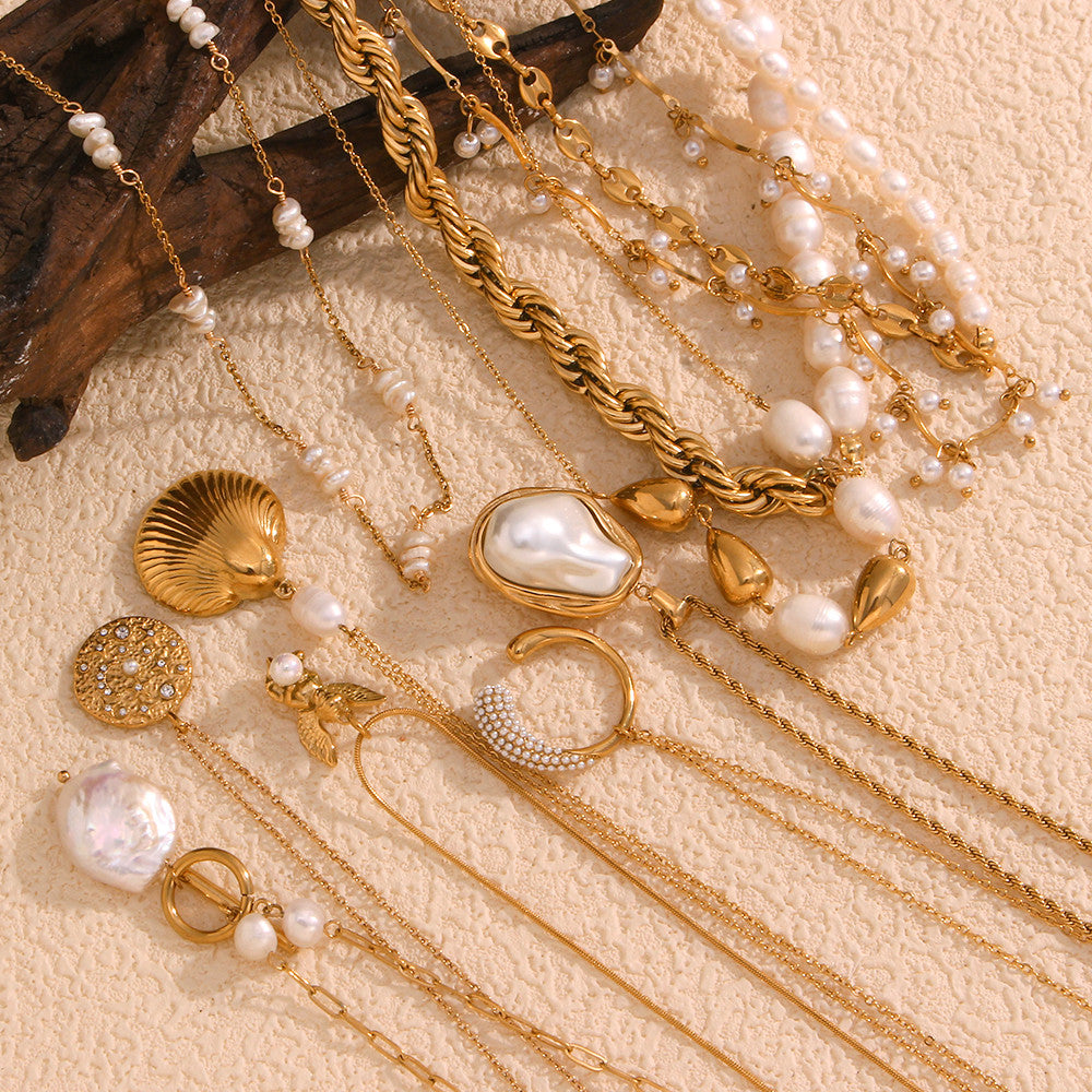 Women's 18k Gold Stainless Steel Waterproof Imitation Pearl Irregular Series Necklace