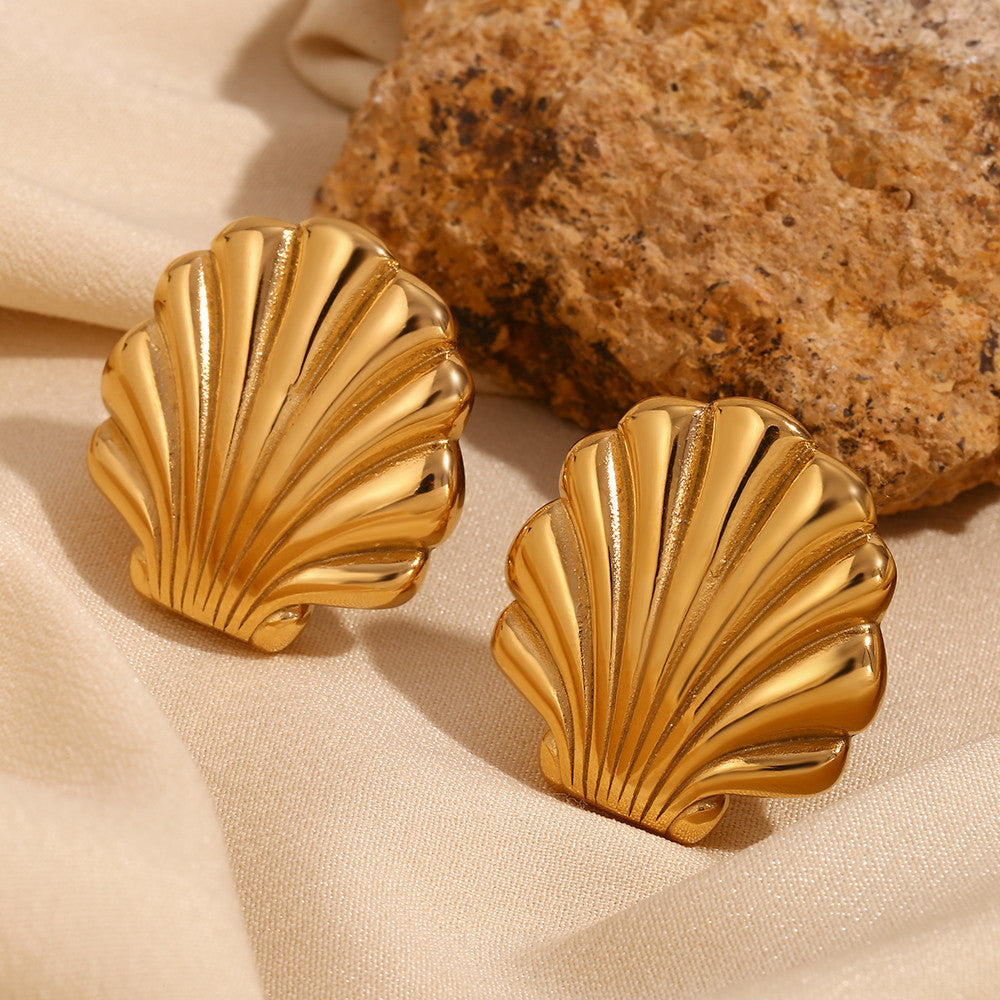 18k Gold Water Resistant Sea Shell Scallop Stud Solid Stainless Steel Boho Earrings